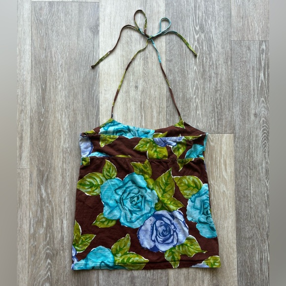 Y2K BCBGMaxazria Brown Blue Floral Boho Halter Top Size S - Picture 6 of 8
